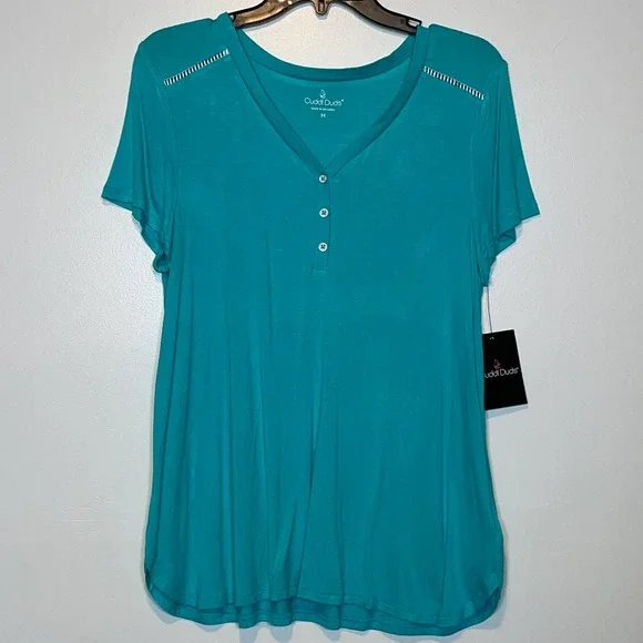 Cuddl Duds Short Sleeve T-Shirt(top only) Aqua Medium - Picture 2 of 7